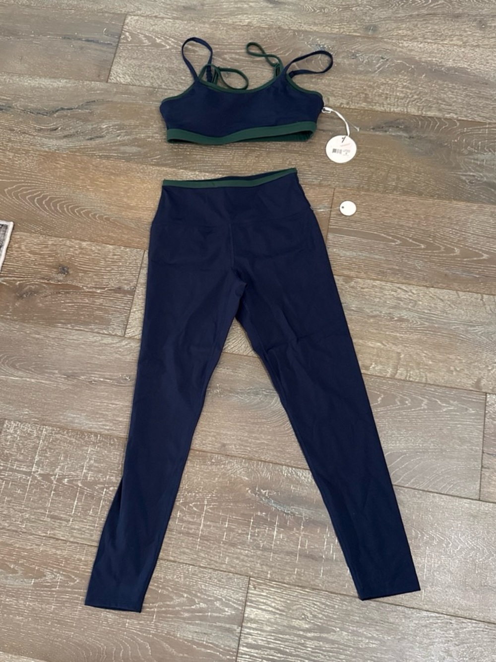 High-Waist Navy Leggings with Green-Trim Sports Bra